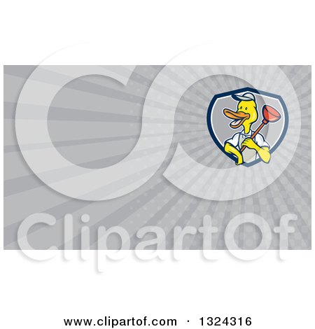 Clipart of a Cartoon Duck Plumber Worker Holding a Plunger and Gray Rays Background or Business Card Design - Royalty Free Illustration by patrimonio