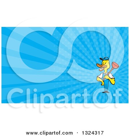 Clipart of a Cartoon Yellow Duck Plumber Worker Holding a Plunger and Blue Rays Background or Business Card Design - Royalty Free Illustration by patrimonio