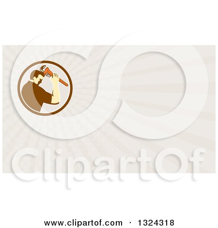 Clipart of a Retro Male Plumber Bowing and Holding a Monkey Wrench to His Head and Rays Background or Business Card Design - Royalty Free Illustration by patrimonio