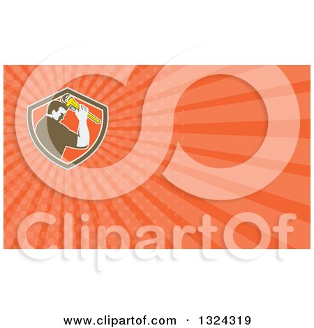 Clipart of a Retro Male Plumber Bowing and Holding a Monkey Wrench to His Head and Orange Rays Background or Business Card Design - Royalty Free Illustration by patrimonio