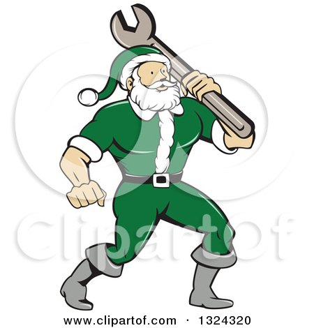 Clipart of a Cartoon Santa Claus Mechanic with a Giant Wrench - Royalty Free Vector Illustration by patrimonio