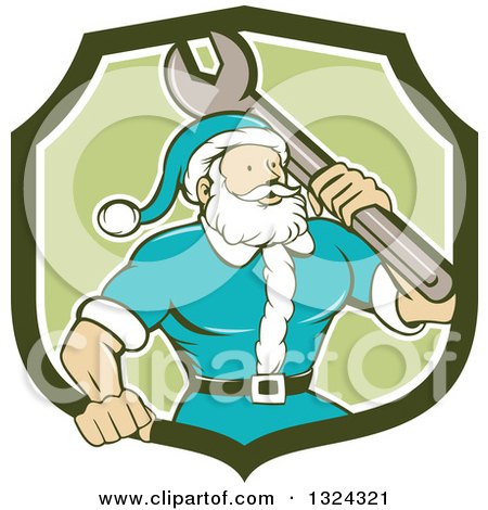 Clipart of a Retro Cartoon Santa Claus Mechanic with a Giant Wrench in a Green and White Shield - Royalty Free Vector Illustration by patrimonio