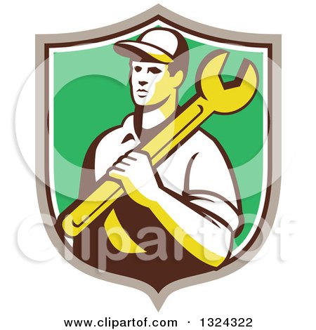 Clipart of a Retro Male Mechanic Holding a Wrench and Emerging from a Taupe White and Green Shield - Royalty Free Vector Illustration by patrimonio