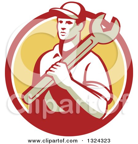 Clipart of a Retro Male Mechanic Holding a Wrench and Emerging from a Red White and Yellow Circle - Royalty Free Vector Illustration by patrimonio