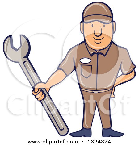 Clipart of a Cartoon White Male Mechanic Holding a Wrench - Royalty Free Vector Illustration by patrimonio