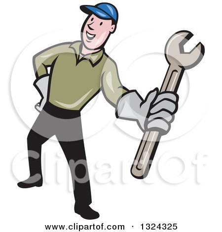 Clipart of a Cartoon White Male Mechanic Holding out a Wrench - Royalty Free Vector Illustration by patrimonio
