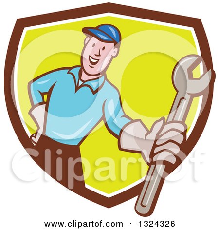 Clipart of a Cartoon White Male Mechanic Holding out a Wrench and Emerging from a Brown White and Green Shield - Royalty Free Vector Illustration by patrimonio