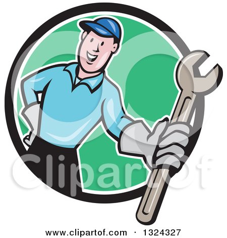 Clipart of a Cartoon White Male Mechanic Holding out a Wrench and Emerging from a Black White and Green Circle - Royalty Free Vector Illustration by patrimonio