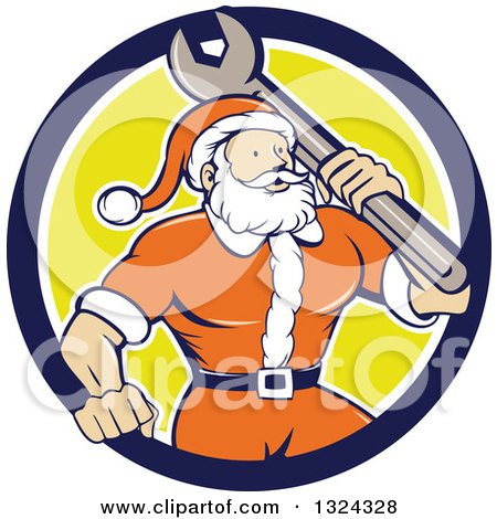 Clipart of a Retro Cartoon Santa Claus Mechanic with a Giant Wrench in a Blue White and Yellow Circle - Royalty Free Vector Illustration by patrimonio