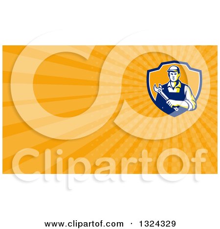 Clipart of a Retro Male Mechanic Holding a Wrench and Orange Rays Background or Business Card Design - Royalty Free Illustration by patrimonio