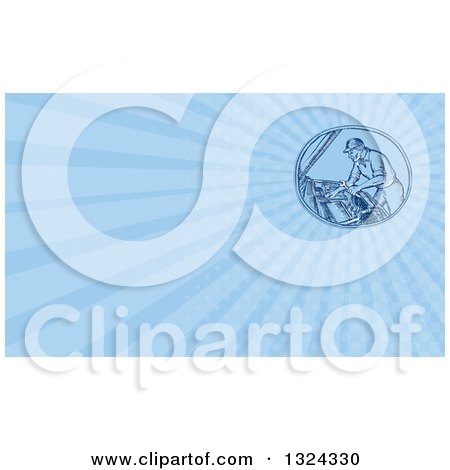 Clipart of a Retro Sketched or Engraved Mechanic Working on a Car's Engine and Blue Rays Background or Business Card Design - Royalty Free Illustration by patrimonio