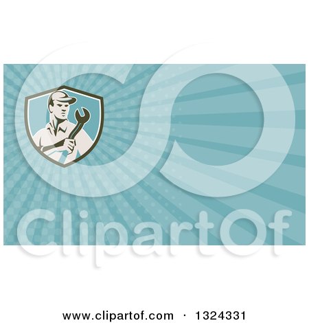 Clipart of a Retro Male Mechanic Holding a Wrench and Blue Rays Background or Business Card Design - Royalty Free Illustration by patrimonio