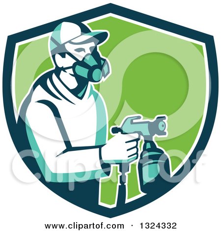 Clipart of a Retro Male Painter Using a Spray Gun in a Blue White and Green Shield - Royalty Free Vector Illustration by patrimonio