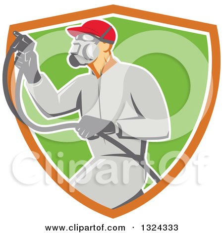 Clipart of a Retro Male Painter Using a Spray Gun and Emerging from an Orange White and Green Shield - Royalty Free Vector Illustration by patrimonio