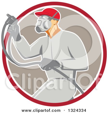 Clipart of a Retro Male Painter Using a Spray Gun and Emerging from a Red White and Taupe Circle - Royalty Free Vector Illustration by patrimonio