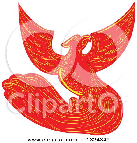 Clipart of a Retro Engraved or Sketched Phoenix Bird Rising - Royalty Free Vector Illustration by patrimonio