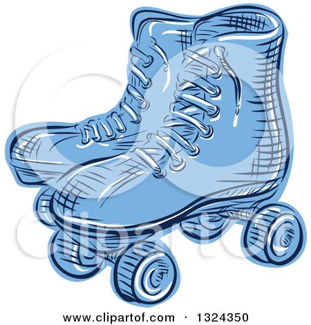Clipart of a Retro Blue Engraved or Sketched Pair of Roller Skates - Royalty Free Vector Illustration by patrimonio