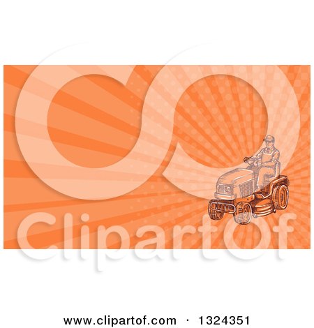 Clipart of a Retro Sketched Man Driving a Ride on Mower and Orange Rays Background or Business Card Design - Royalty Free Illustration by patrimonio