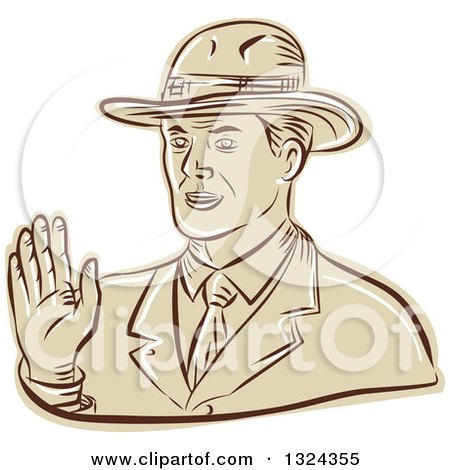 Clipart of a Retro Engraved or Sketched Businessman Waving - Royalty Free Vector Illustration by patrimonio