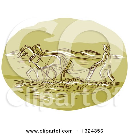Clipart of a Retro Engraved or Sketched Farmer and Horse Powing a Field - Royalty Free Vector Illustration by patrimonio