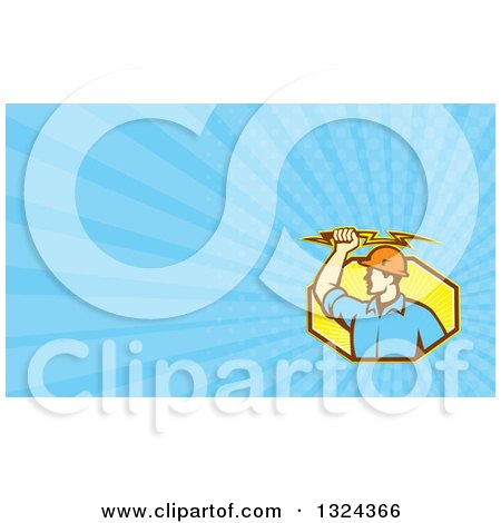 Clipart of a Retro Male Electrician Holding a Bolt and Blue Rays Background or Business Card Design - Royalty Free Illustration by patrimonio