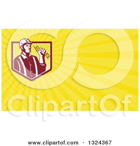 Clipart of a Retro Male Electrician Holding a Bolt and Yellow Rays Background or Business Card Design - Royalty Free Illustration by patrimonio