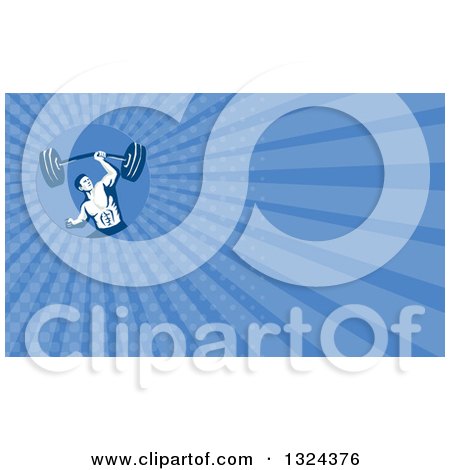 Clipart of a Retro Strongman Bodybuilder Lifting a Barbell One Handed and Blue Rays Background or Business Card Design - Royalty Free Illustration by patrimonio