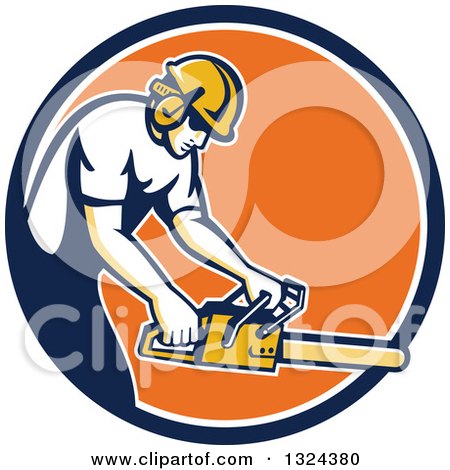 Clipart of a Retro White Male Arborist Using a Chainsaw in a Blue White and Orange Circle - Royalty Free Vector Illustration by patrimonio