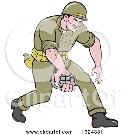 Clipart of a Cartoon White Male Ww2 American Soldier Holding a Grenade - Royalty Free Vector Illustration by patrimonio