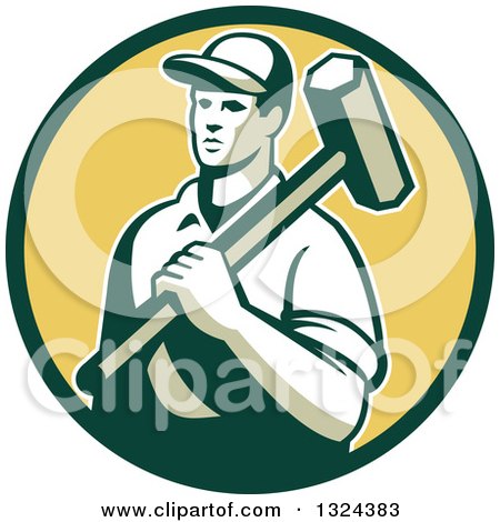 Clipart of a Retro Male Construction Worker Carrying a Sledgehammer in a Green and Yellow Circle - Royalty Free Vector Illustration by patrimonio