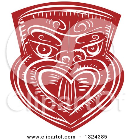 Clipart of a Retro Maori Mask in Red and White - Royalty Free Vector Illustration by patrimonio