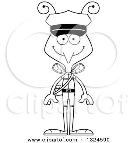 Lineart Clipart of a Cartoon Black and White Happy Mosquito Mailman - Royalty Free Outline Vector Illustration by Cory Thoman
