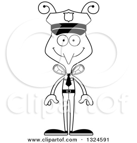 Lineart Clipart of a Cartoon Black and White Happy Mosquito Police Officer - Royalty Free Outline Vector Illustration by Cory Thoman