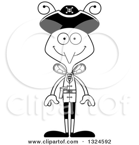 Lineart Clipart of a Cartoon Black and White Happy Mosquito Pirate - Royalty Free Outline Vector Illustration by Cory Thoman