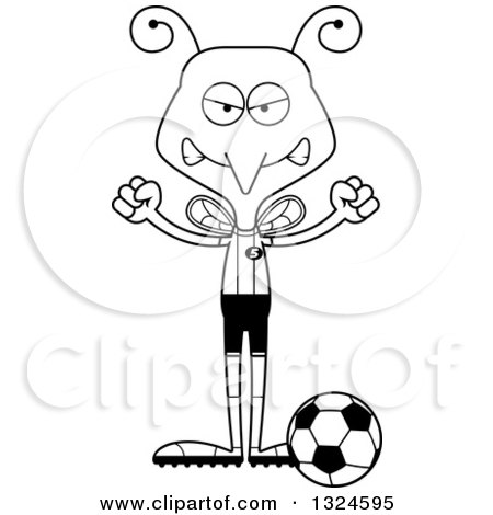 Lineart Clipart of a Cartoon Black and White Angry Mosquito Soccer Player - Royalty Free Outline Vector Illustration by Cory Thoman