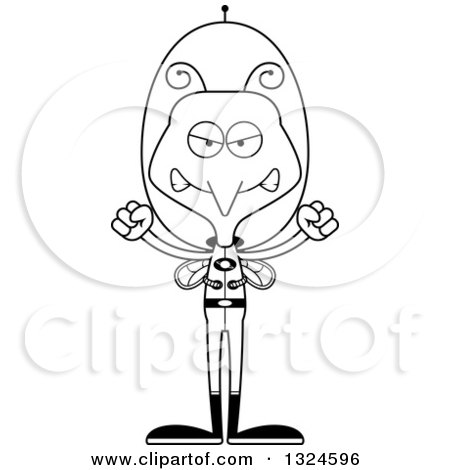 Lineart Clipart of a Cartoon Black and White Angry Futuristic Space Mosquito - Royalty Free Outline Vector Illustration by Cory Thoman