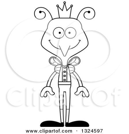 Lineart Clipart of a Cartoon Black and White Happy Mosquito Prince - Royalty Free Outline Vector Illustration by Cory Thoman