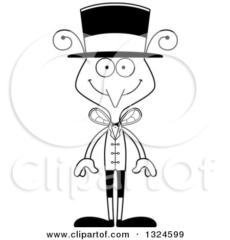 Lineart Clipart of a Cartoon Black and White Happy Mosquito Circus Ringmaster - Royalty Free Outline Vector Illustration by Cory Thoman