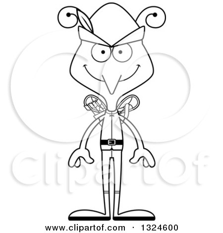 Lineart Clipart of a Cartoon Black and White Happy Mosquito Robin Hood - Royalty Free Outline Vector Illustration by Cory Thoman