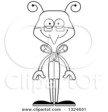 Lineart Clipart of a Cartoon Black and White Happy Mosquito Scientist - Royalty Free Outline Vector Illustration by Cory Thoman
