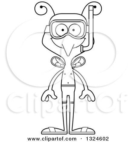 Lineart Clipart of a Cartoon Black and White Happy Mosquito in Snorkel Gear - Royalty Free Outline Vector Illustration by Cory Thoman
