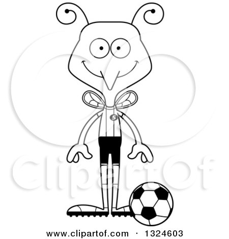 Lineart Clipart of a Cartoon Black and White Happy Mosquito Soccer Player - Royalty Free Outline Vector Illustration by Cory Thoman