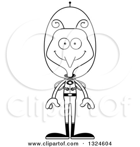 Lineart Clipart of a Cartoon Black and White Happy Futuristic Space Mosquito - Royalty Free Outline Vector Illustration by Cory Thoman