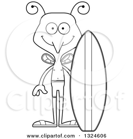 Lineart Clipart of a Cartoon Black and White Happy Mosquito Surfer - Royalty Free Outline Vector Illustration by Cory Thoman