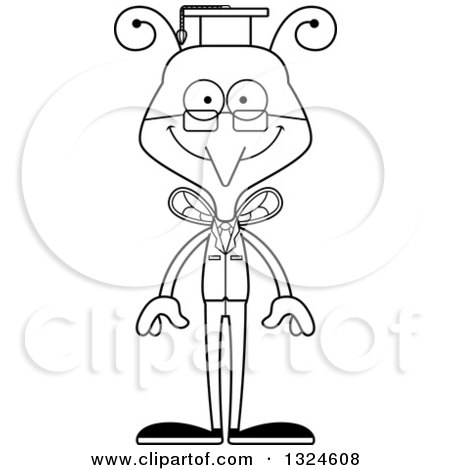 Lineart Clipart of a Cartoon Black and White Happy Mosquito Professor - Royalty Free Outline Vector Illustration by Cory Thoman