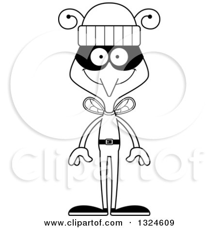 Lineart Clipart of a Cartoon Black and White Happy Mosquito Robber - Royalty Free Outline Vector Illustration by Cory Thoman