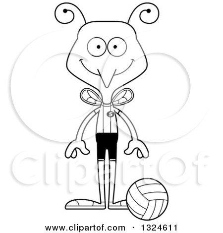 Lineart Clipart of a Cartoon Black and White Happy Mosquito Volleyball Player - Royalty Free Outline Vector Illustration by Cory Thoman