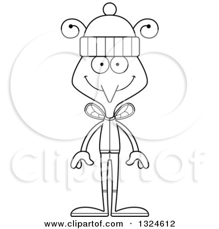 Lineart Clipart of a Cartoon Black and White Happy Mosquito in Winter Clothes - Royalty Free Outline Vector Illustration by Cory Thoman