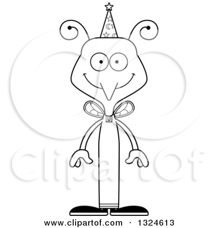 Lineart Clipart of a Cartoon Black and White Happy Mosquito Wizard - Royalty Free Outline Vector Illustration by Cory Thoman