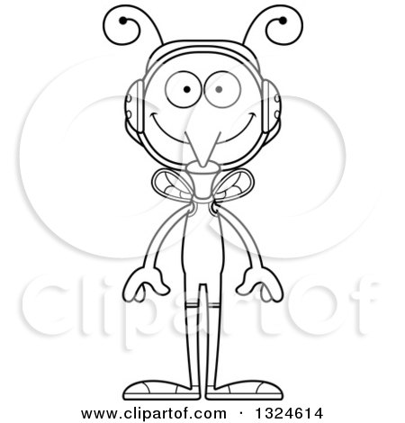 Lineart Clipart of a Cartoon Black and White Happy Mosquito Wrestler - Royalty Free Outline Vector Illustration by Cory Thoman